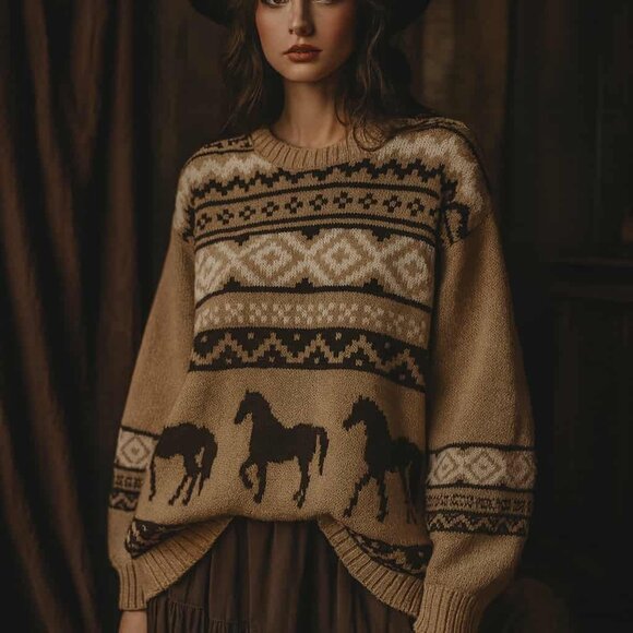 New Horse Aztec Western Native Knit Soft Oversized Sweater Womens - Picture 2 of 6